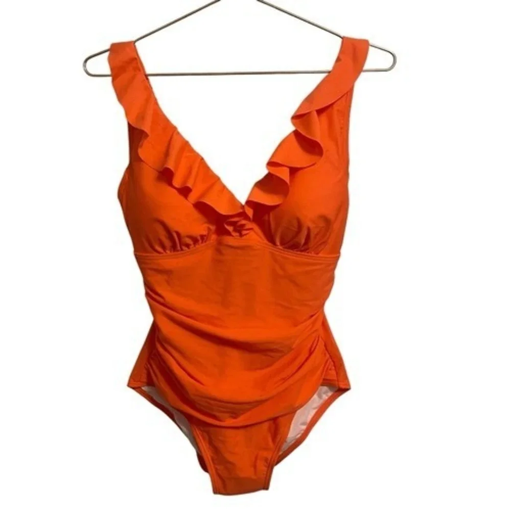 DKNY Womens Orange Ruffle V-Neck Ruched One Piece Swimsuit Size 10 NEW - Picture 1 of 6
